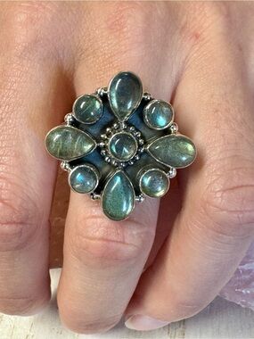 Labradorite Floral Cluster Sterling Silver Statement Ring - Blue Flash - Size 8